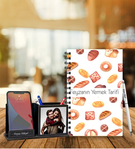 Kişiye Özel Yemek Tarifi Tasarımlı Ahşap Defter & Roller Kalem & Ahşap Mdf Kalemlik