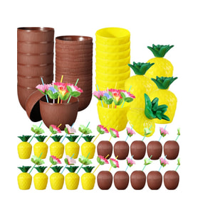 Tropikal Parti Bardak Seti – Ananas ve Hindistan Cevizi Şekilli Pipetli Bardaklar (20 Adet) (5343)