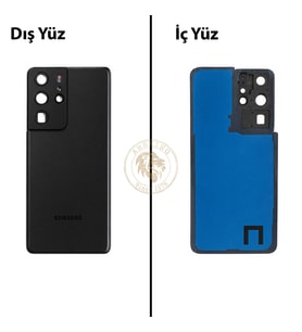 Samsung Galaxy S21 Ultra Siyah Renk Lensli Arka Kapak Arka Cam Batarya Kapağı Pil Kapağı Lazer Kesim Back Cover Galaxy S21 Ultra Uyumlu
