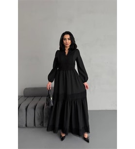 Neşeli butik kadın atlas kumaş dantel detaylı elbise NBMS2517 (Siyah)