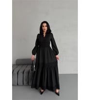 Neşeli butik kadın atlas kumaş dantel detaylı elbise NBMS2517 (Siyah)