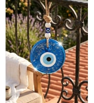 El Yapımı Hediyelik Cam Nazar Boncuğu, Simli, İpli, Mavi 11 Cm Duvar Süsü (Mavi)