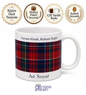 Ekose Desenli Baskılı Kupa Bardak Hediye Özel Tasarım Porselen Mug