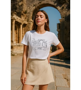 Kadın Bisiklet Yaka %100 Pamuk Side Baskılı Kısa Kollu T-Shirt