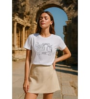 Kadın Bisiklet Yaka %100 Pamuk Side Baskılı Kısa Kollu T-Shirt
