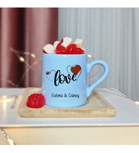 Aşk Love Tasarımlı Kişiye Özel Mavi Türk Kahvesi Fincanı