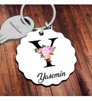 Kişiye Özel Y Harfi Temalı Çiçekli Tasarım HDF Dalgalı Anahtarlık (Beyaz)