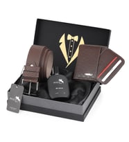 Polo Air Erkek Damat Çeyiz Kravatlı Kutuda 4'lü Dama Şık Set Kemer, Cüzdan, Kartlık, Parfüm P-DMT-0013 (Kahverengi)