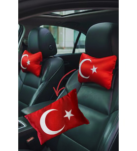 Türk Bayraklı Dijital Baskılı Kırmızı Saten Araç Seyahat Boyun Yastığı 2’li Set