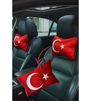 Türk Bayraklı Dijital Baskılı Kırmızı Saten Araç Seyahat Boyun Yastığı 2’li Set