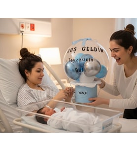 YENİDOĞAN HEDİYE BEBEK BALON KUTUSU (İSME ÖZEL) (Bebe Mavisi)