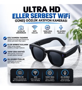 Akıllı Kamera Gözlük Ultra HD WiFi Eller Serbest Video Fotoğraf Çekimi Yapay Zeka Dil Çeviri + Şeffaf Cam Hediyeli