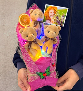 Renkli Led Işıklı Fotoğraflı Özel Kahve Ayıcıklı Büyük Boy Peluş Ayıcık Buketi (Model 3)
