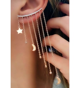 Ay yıldız figürlü gümüş rose earcuff tek küpe