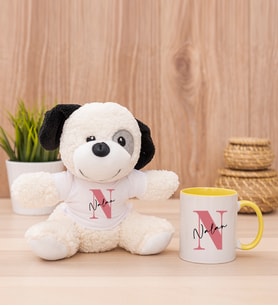 Kişiye Özel Baş Harfli Üzeri İsim Yazılı Peluş Köpek ve Sarı Kupa