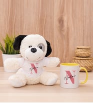 Kişiye Özel Baş Harfli Üzeri İsim Yazılı Peluş Köpek ve Sarı Kupa