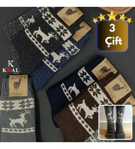 KRAL SOCKS Kadın Yün Çorap (4 Çift) Kışlık Termal Etkili Soft Yünlü Doku (Beyaz)