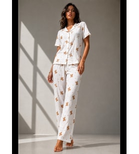 Night Kadın Klasik Doğal Düğme Gece Pijama Takımı