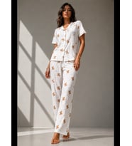 Night Kadın Klasik Doğal Düğme Gece Pijama Takımı