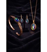 Kadın Bakır Küpe Bileklik Kolye Takım Seti Doğal Mistik Topaz Taşlı Oval Model Set