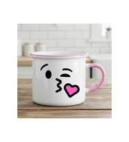 Öpücük Emojili Enamel Pembe Kupa Bardak - Öpücük Emojili Enamel Kupası (Beyaz)
