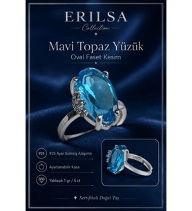 Sertifikalı Mavi Topaz Hürrem Model Oval Faset Kesim 5 Karat 925 Ayar Gümüş Ayarlanabilir Yüzük