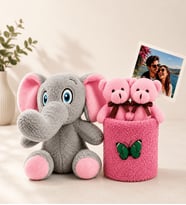 Kişiye Özel Fotoğraflı 2'li Peluş Buket ve Sevimli Peluş Fil Sevgiliye Arkadaşa Anneye Kadına Hediye