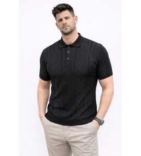 Erkek Yazlık Triko Tişört Kısa Kol Polo Yaka Düğmeli T-Shirt - Siyah