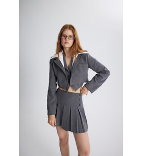 Çıkarılabilir Gömlek Yakası Detaylı Çizgili Crop Kira Blazer Ceket Gri