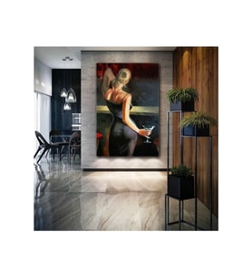 Kanvas Tablo Sırtı Dönük Içki Içen Siyah Elbiseli Kadın Bar Woman Kanvas Tablo Art00117 70 X 100