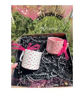 2'li Kalpli Kupa Seti - Beyaz Ve Pembe Kupa, Doğum Günü Şık Hediye Özel Gün Hediyesi