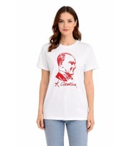 Atatürk Baskılı Tişört Kısa Kollu Bisiklet Yaka T-Shirt - Beyaz