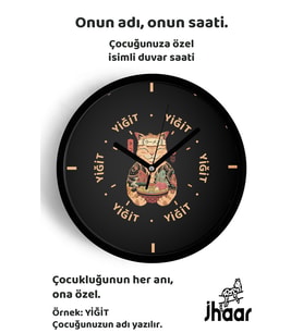 İsme Özel Kedi Ramen Çocuk Odası Duvar Saati Orta Boy 30 cm Siyah Camlı Sessiz
