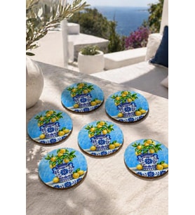 Limonlu Biblo Motifli Bardak Altlığı 6'lı Set – Sicilya Temalı - 9 cm, 3 mm MDF, UV Baskı, Dekoratif Bardak Altlık