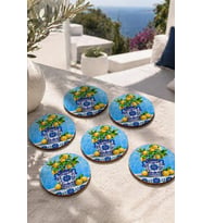 Limonlu Biblo Motifli Bardak Altlığı 6'lı Set – Sicilya Temalı - 9 cm, 3 mm MDF, UV Baskı, Dekoratif Bardak Altlık