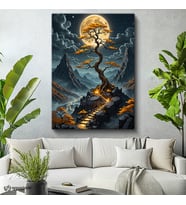 Dikey Kanvas Tablo Bonsai Ağacı Dağ Manzara Tablosu Ev Ofis Duvar Dekoru