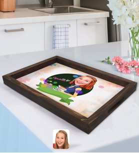 BK Gift Kişiye Özel En İyi Öğretmen Karikatürlü Doğal Ahşap Tepsi-2