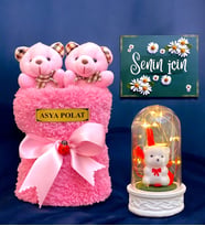 Kişiye Özel İsimli Hediye Seti  Led Işıklı Fanus & Pembe Peluş Saksıda 2li Peluş Buketi  Ayıcık Buketi (Model 3)