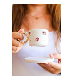 Flora Çiçek Desenli 24k Altın Detaylı 170 ml Handmade Fincan ve Tabak