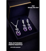 925 Ayar Damgalı Gümüş Kaplama Zarif Mor Damla Taşlı  Kolye & Küpe Takı Seti (Koyu Gül Kurusu)