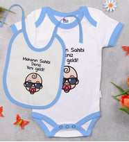 BK Kids Kişiye Özel Mekanın Sahibi Geldi Tasarımlı Mavi Bebek Body Zıbın ve Mama Önlüğü Hediye Seti