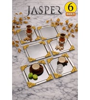 Jasper 6'lı Lüx 4 Köşesi Gold Çiçekli Kare Gümüş Kaplama Model Çay-Kahve İkram Servis Sunum Tepsisi