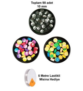 90 Adet 10 mm Polimer Kil Fimo Boncuk Takı Bileklik + 5 Metre Misina Hediye - Yin Yang - Yin Yang -