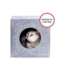 Kedi Evi Yuvası Keçe Açık Gri 3mm Kaliteli Keçe 32x32x32 cm (Gri)