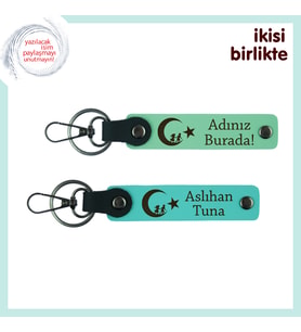 Evlilik Yıldönümüne Özel Çocuk Ve Ayyıldız Tema İsim Yazılı 2’li Anahtarlık, Açık Yeşil-Turkuaz