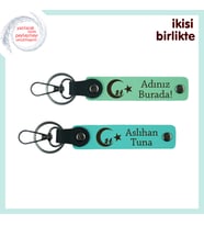 Evlilik Yıldönümüne Özel Çocuk Ve Ayyıldız Tema İsim Yazılı 2’li Anahtarlık, Açık Yeşil-Turkuaz