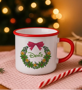 BK Gift Kişiye Özel İsimli Yılbaşı Tasarımlı Kırmızı Emaye Kupa Bardak -6, Arkadaşa Hediye, Yeni Yıl Hediyesi