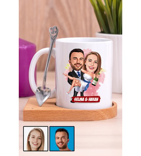 İlginç Sevgililer Günü Hediyesi Karikatürlü Ahşap Altlıklı Beyaz Kupa Bardak