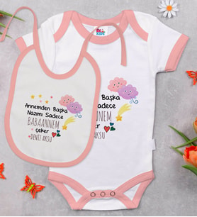 BK Kids Kişiye Özel Babaannem Tasarımlı Pembe Bebek Body Zıbın ve Mama Önlüğü Hediye Seti