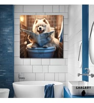 Tekli Kare Kanvas Banyo Tablosu Gazete Okuyan Beyaz Çin Aslanı